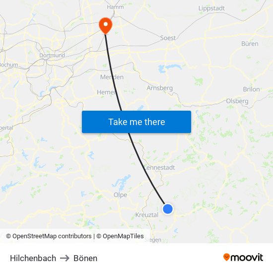 Hilchenbach to Bönen map