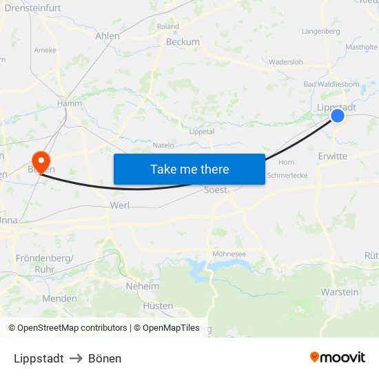Lippstadt to Bönen map
