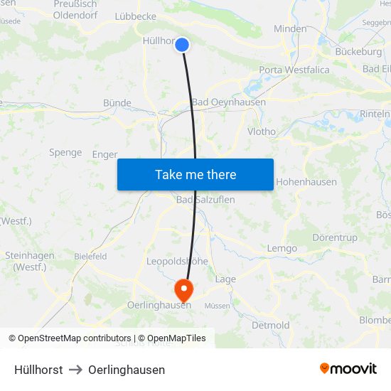 Hüllhorst to Oerlinghausen map