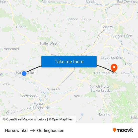 Harsewinkel to Oerlinghausen map