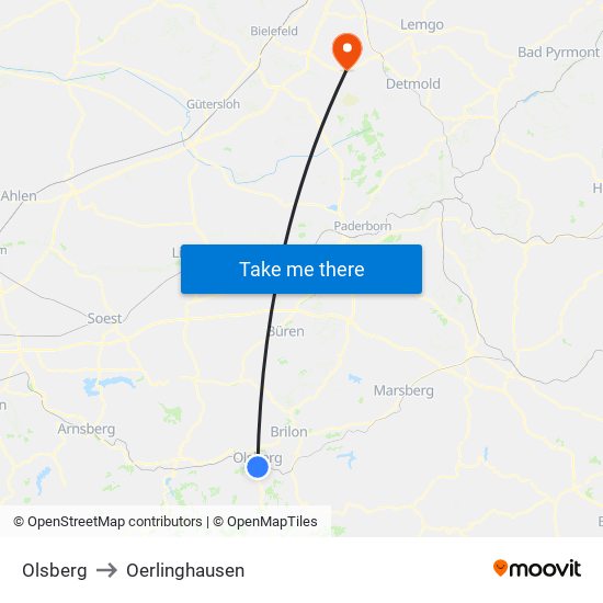 Olsberg to Oerlinghausen map