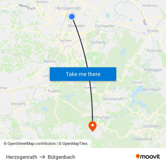 Herzogenrath to Bütgenbach map