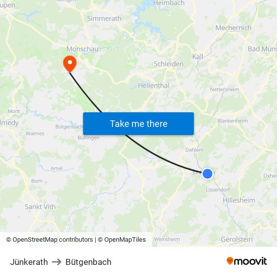 Jünkerath to Bütgenbach map