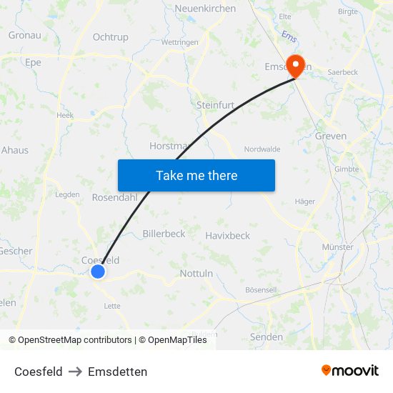 Coesfeld to Emsdetten map