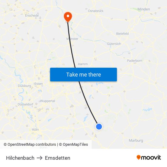 Hilchenbach to Emsdetten map