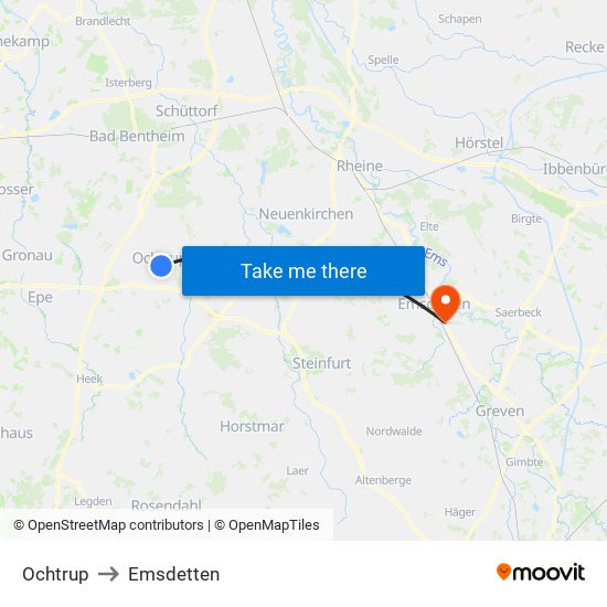 Ochtrup to Emsdetten map