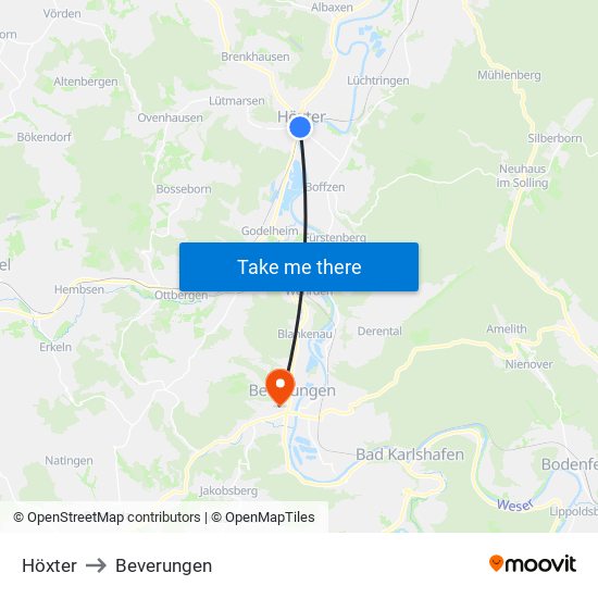 Höxter to Beverungen map