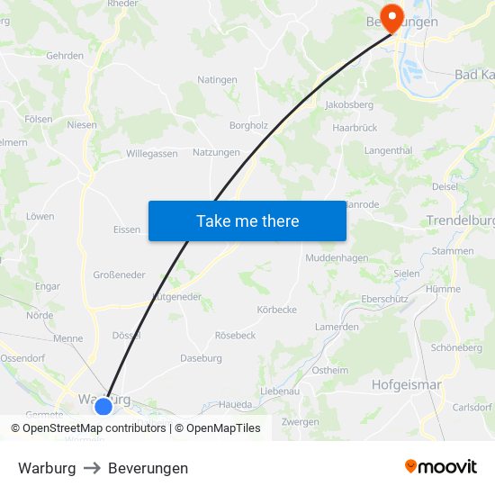Warburg to Beverungen map
