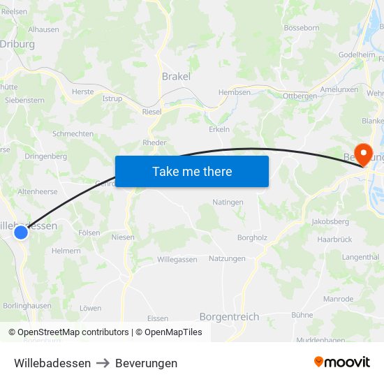Willebadessen to Beverungen map