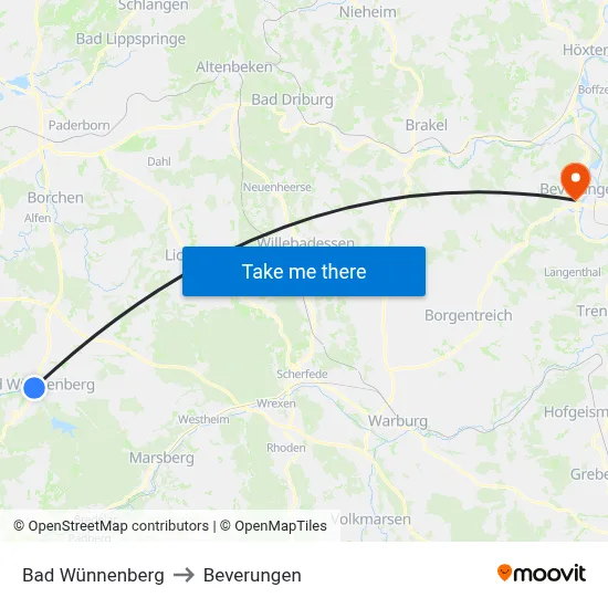 Bad Wünnenberg to Beverungen map