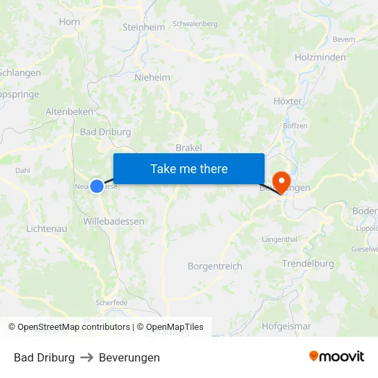 Bad Driburg to Beverungen map