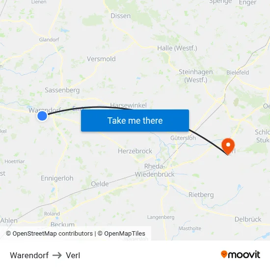 Warendorf to Verl map