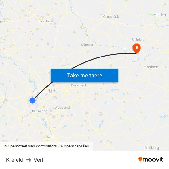 Krefeld to Verl map