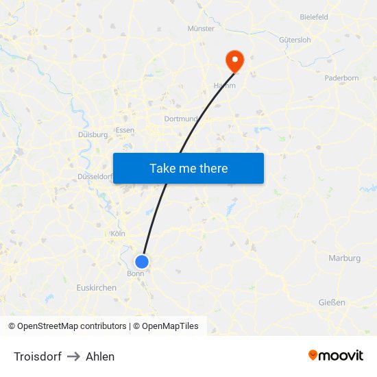 Troisdorf to Ahlen map