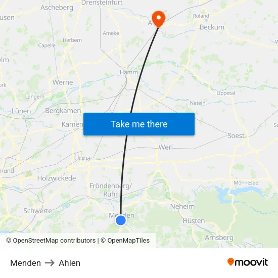 Menden to Ahlen map