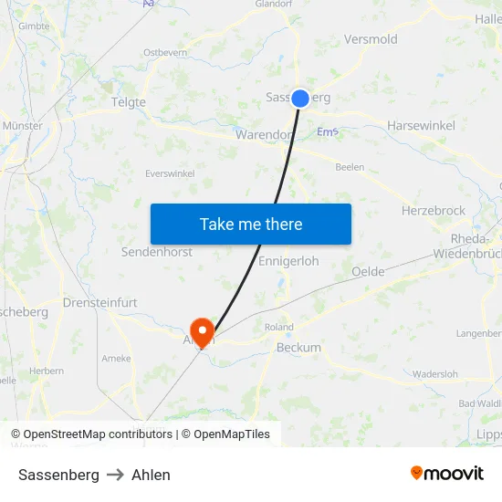 Sassenberg to Ahlen map