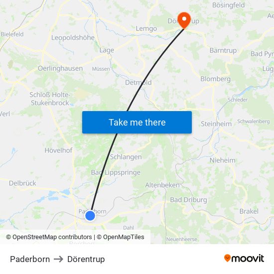 Paderborn to Dörentrup map