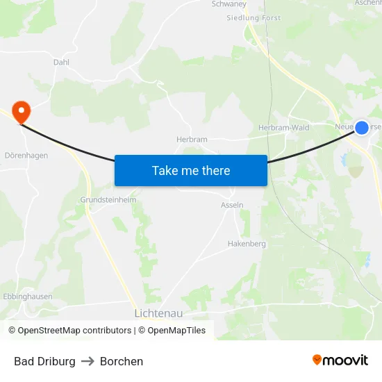 Bad Driburg to Borchen map
