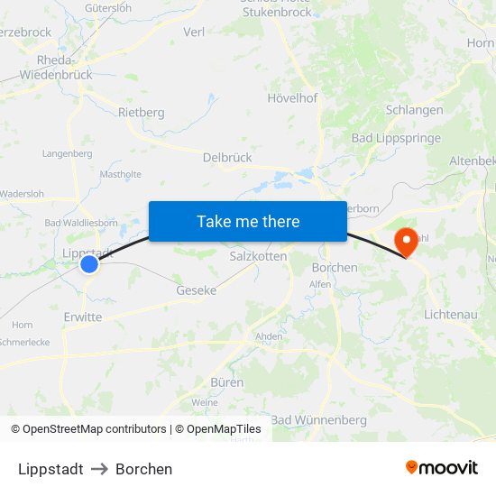 Lippstadt to Borchen map