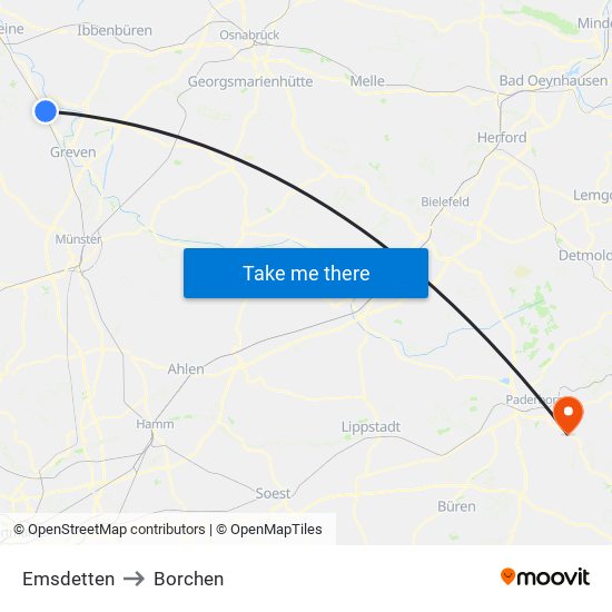 Emsdetten to Borchen map