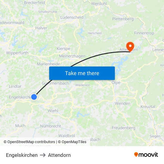 Engelskirchen to Attendorn map
