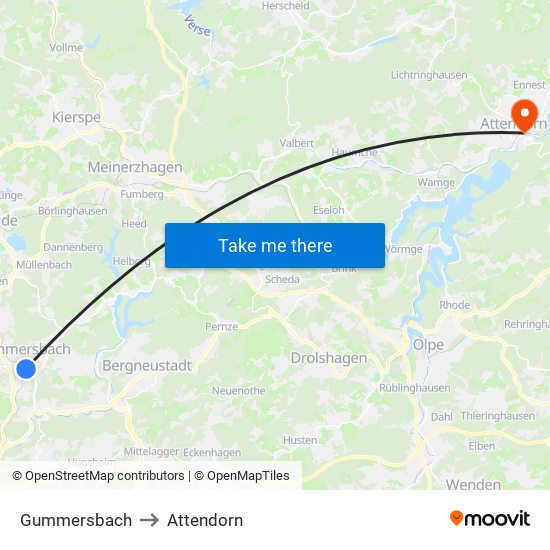 Gummersbach to Attendorn map