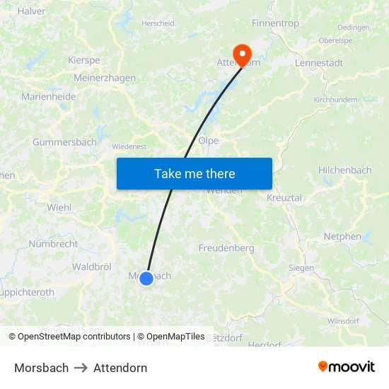 Morsbach to Attendorn map