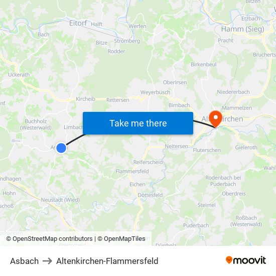 Asbach to Altenkirchen-Flammersfeld map