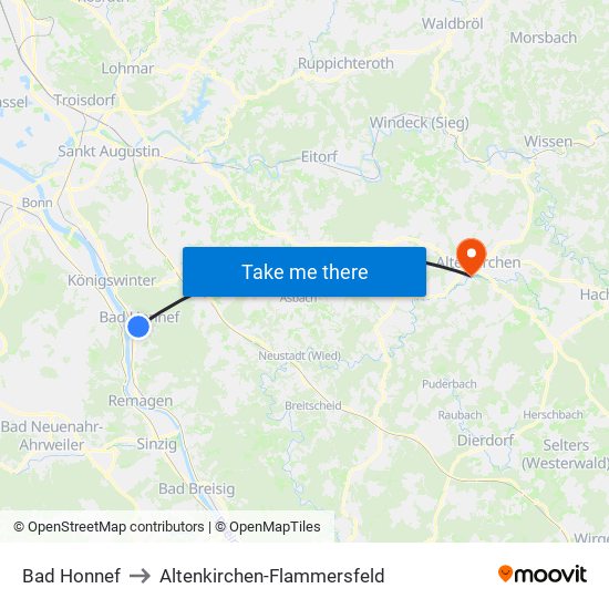 Bad Honnef to Altenkirchen-Flammersfeld map