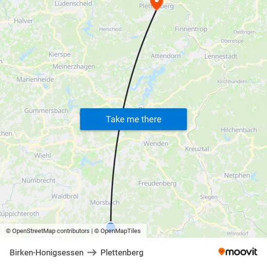 Birken-Honigsessen to Plettenberg map