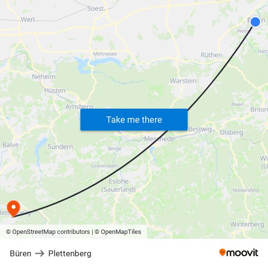 Büren to Plettenberg map