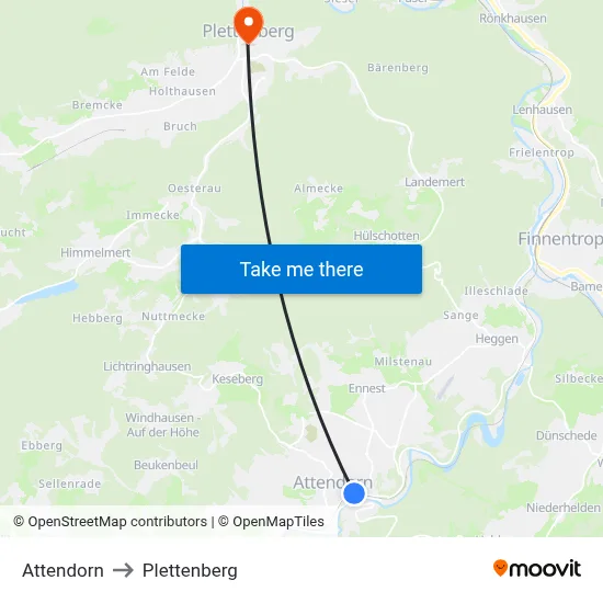Attendorn to Plettenberg map