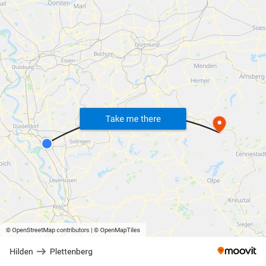 Hilden to Plettenberg map