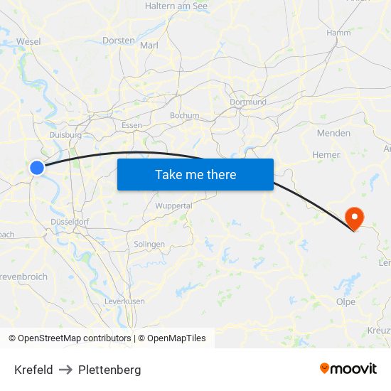 Krefeld to Plettenberg map