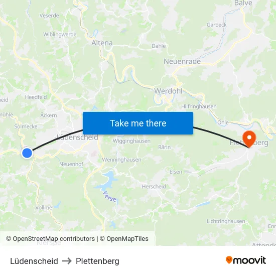 Lüdenscheid to Plettenberg map