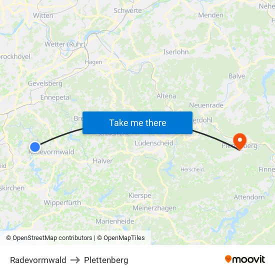 Radevormwald to Plettenberg map