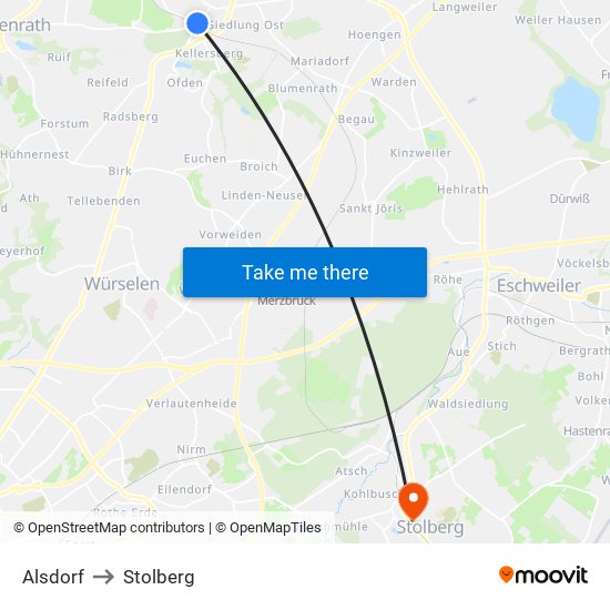 Alsdorf to Stolberg map