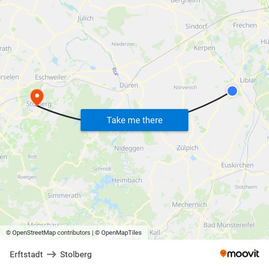 Erftstadt to Stolberg map