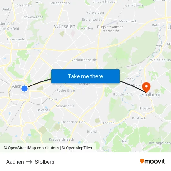 Aachen to Stolberg map