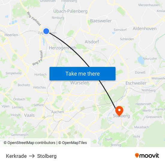 Kerkrade to Stolberg map