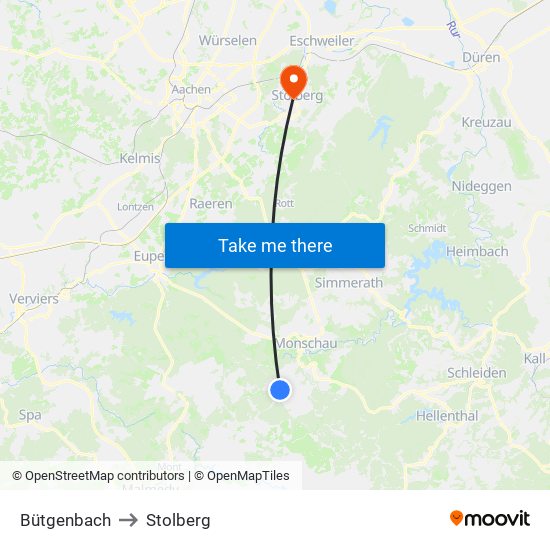Bütgenbach to Stolberg map