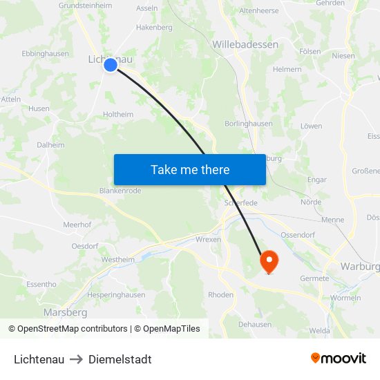 Lichtenau to Diemelstadt map