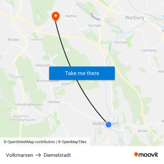 Volkmarsen to Diemelstadt map