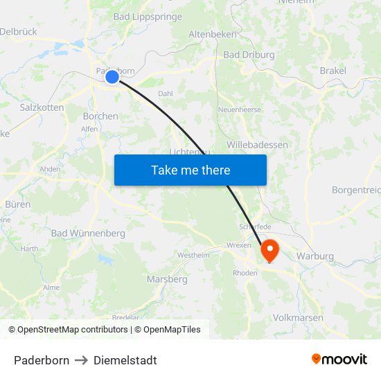 Paderborn to Diemelstadt map