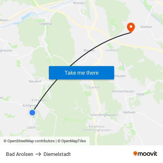 Bad Arolsen to Diemelstadt map