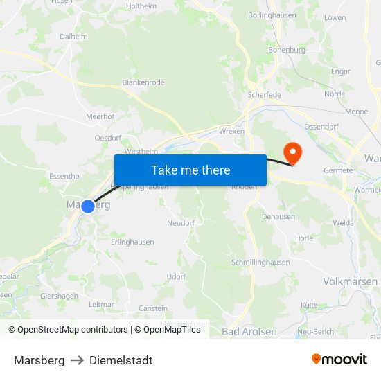 Marsberg to Diemelstadt map