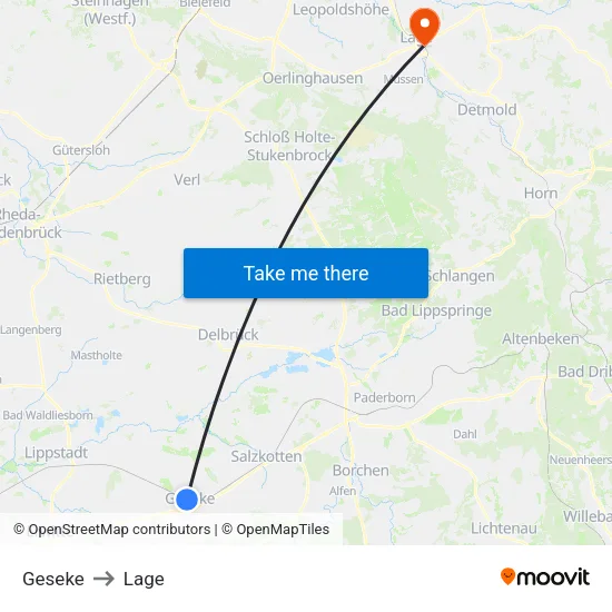 Geseke to Lage map