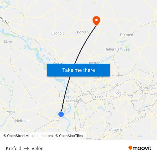 Krefeld to Velen map