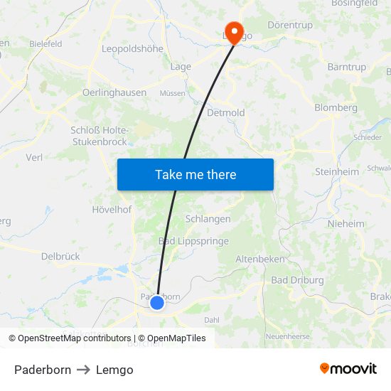 Paderborn to Lemgo map