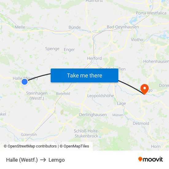 Halle (Westf.) to Lemgo map